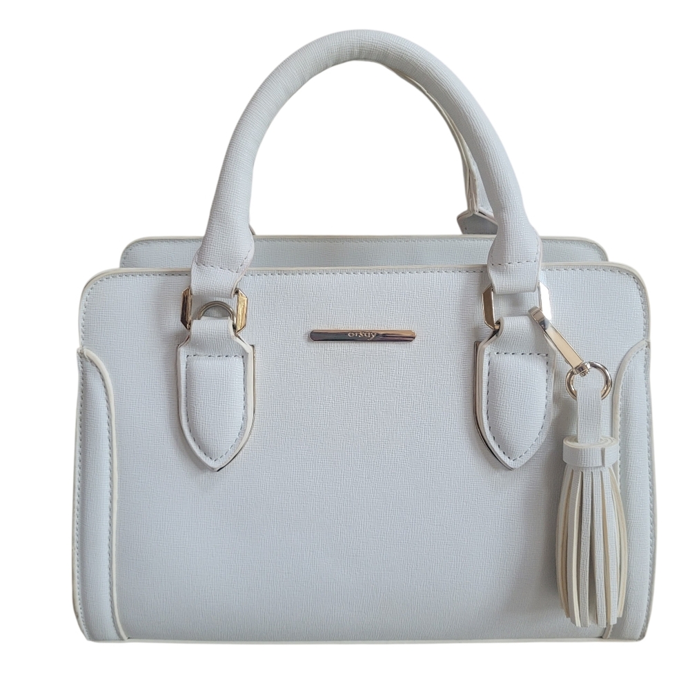 Chic White Faux Saffiano Leather Satchel with Gold Hardware & Tassle